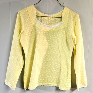 Yellow Embrpidered 3/4 Sleeve Cotton Top